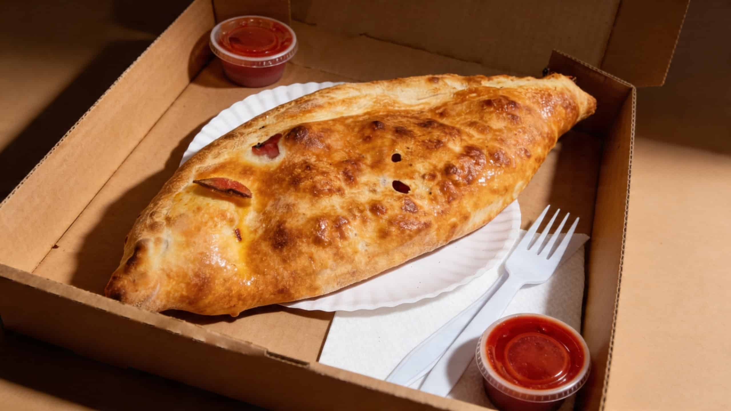 Golden, oven-baked Puerto Rican stuffed calzone from Bebo's Pizza in Killeen, TX